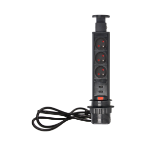 Pop up Ø6cm desk socket with USB charger, 1.8m cable and locking system, 3x2P+E, black