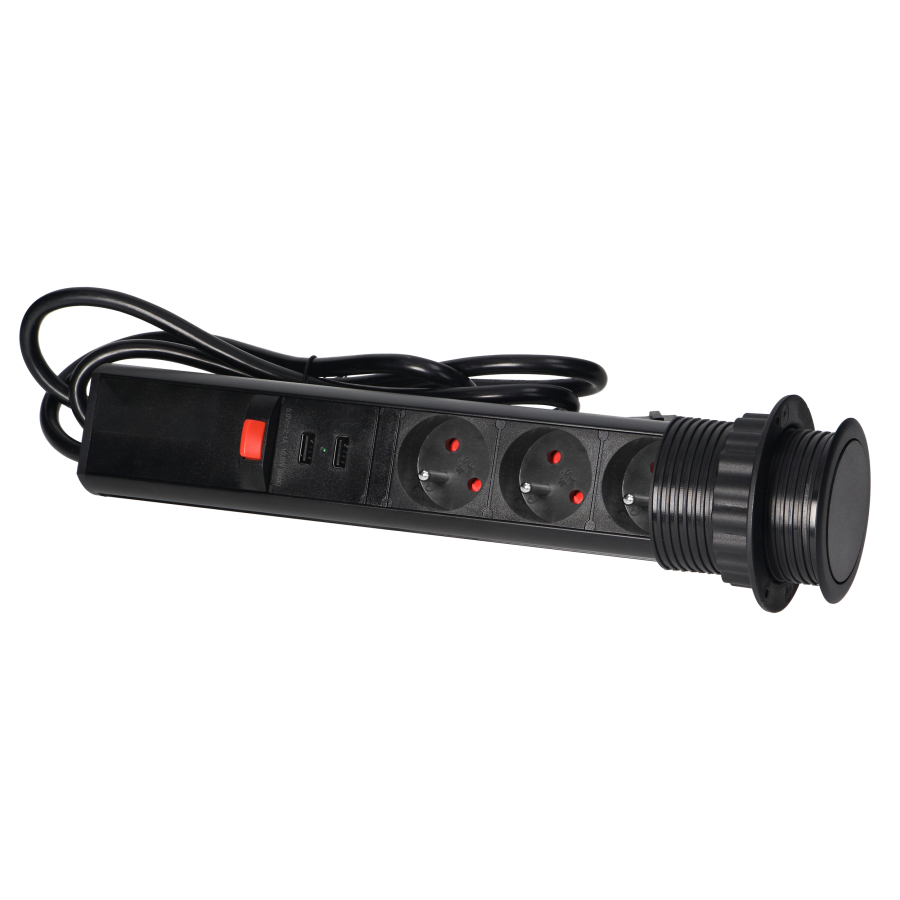 Pop up Ø6cm desk socket with USB charger, 1.8m cable and locking system, 3x2P+E, black
