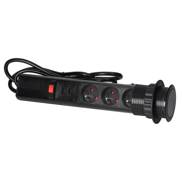 Gniazdo meblowe Ø6cm wysuwane z blatu z ładowarką USB, blokadą i przewodem 1,8m, 3x2P+Z, czarne