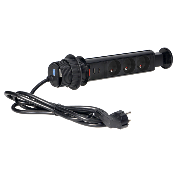 Gniazdo meblowe Ø6cm wysuwane z blatu z ładowarką USB, blokadą i przewodem 1,8m, 3x2P+Z, czarne