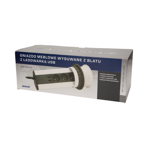 Gniazdo meblowe Ø10cm wysuwane z blatu z ładowarką USB i przewodem 1,8m, 3x2P+Z, 2xUSB, INOX