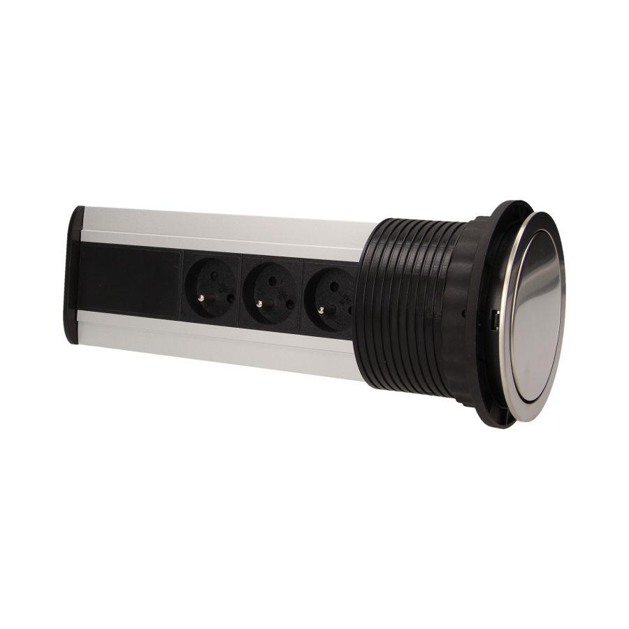 Gniazdo meblowe Ø10cm wysuwane z blatu z ładowarką USB i przewodem 1,8m, 3x2P+Z, 2xUSB, INOX