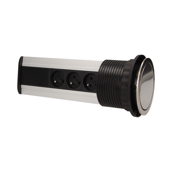 Gniazdo meblowe Ø10cm wysuwane z blatu z ładowarką USB i przewodem 1,8m, 3x2P+Z, 2xUSB, INOX