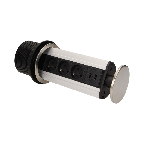 Gniazdo meblowe Ø10cm wysuwane z blatu z ładowarką USB i przewodem 1,8m, 3x2P+Z, 2xUSB, INOX