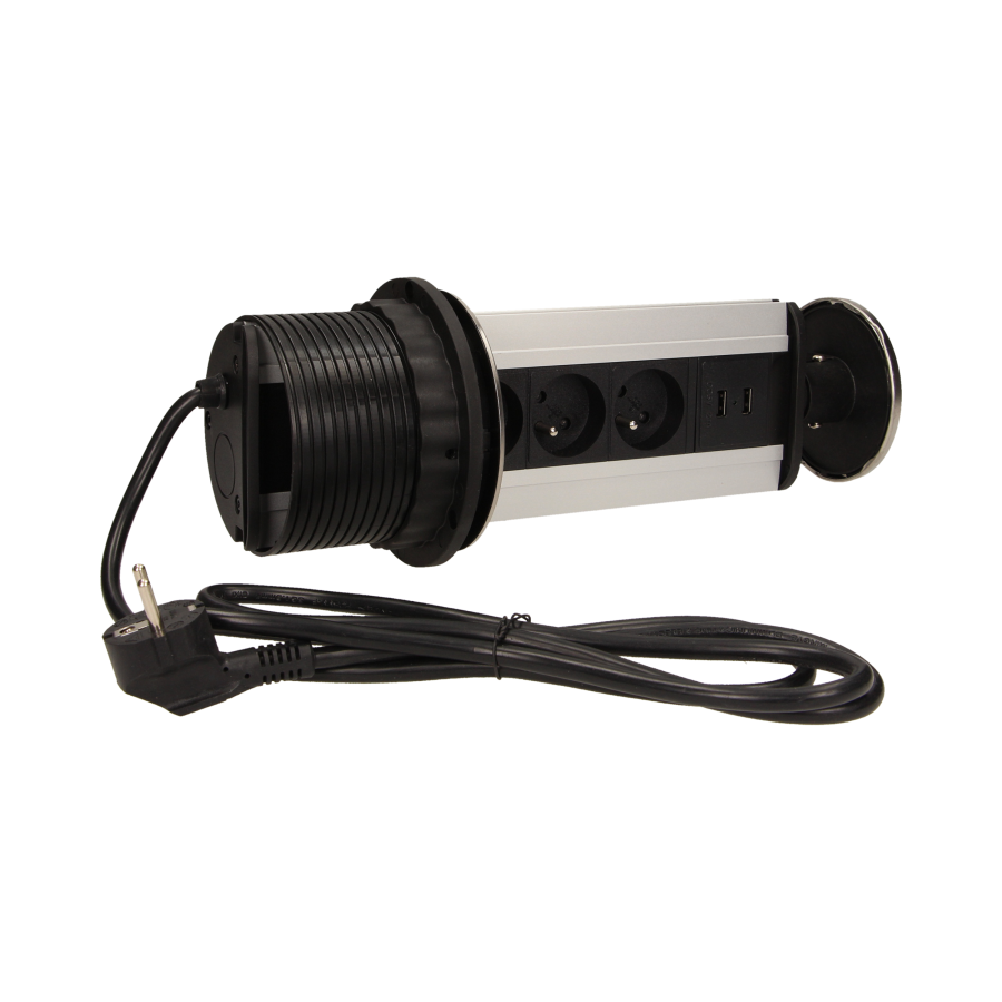 Gniazdo meblowe Ø10cm wysuwane z blatu z ładowarką USB i przewodem 1,8m, 3x2P+Z, 2xUSB, INOX