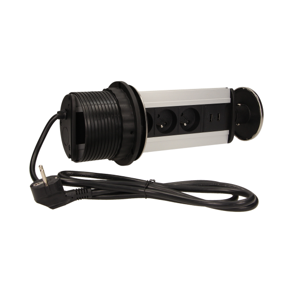Gniazdo meblowe Ø10cm wysuwane z blatu z ładowarką USB i przewodem 1,8m, 3x2P+Z, 2xUSB, INOX