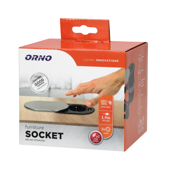 Flush-fitting furniture socket with sliding cover, USB charger and 1.9m cable