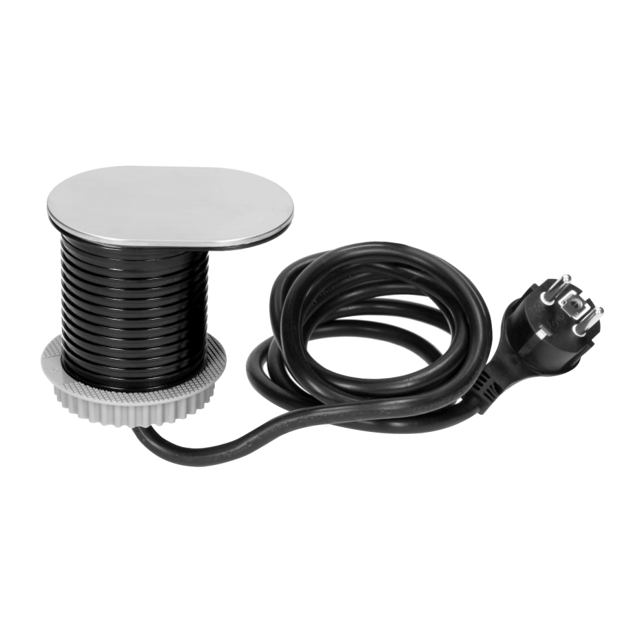Gniazdo meblowe Ø6cm, wpuszczane w blat z przesuwną pokrywką, ładowarką USB i przewodem 1,9m, 1x2P+Z, 1xUSB (2,4A), 3x1,5mm², wersja Schuko