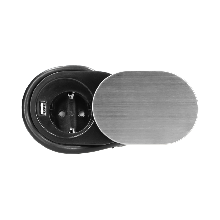 Gniazdo meblowe Ø6cm, wpuszczane w blat z przesuwną pokrywką, ładowarką USB i przewodem 1,9m, 1x2P+Z, 1xUSB (2,4A), 3x1,5mm², wersja Schuko