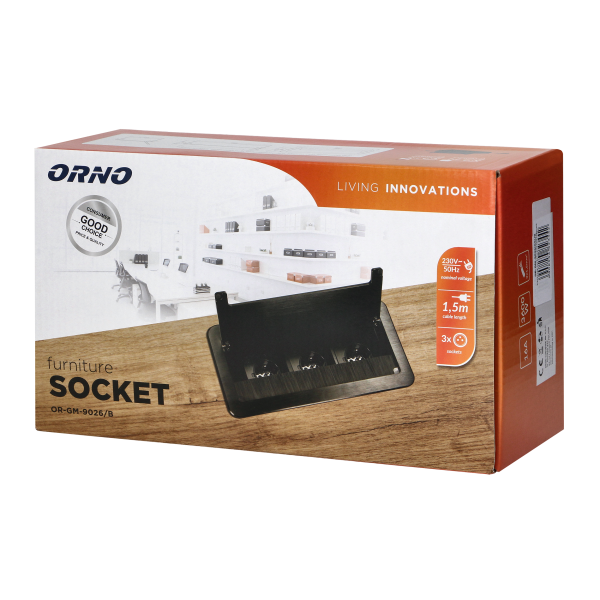 Flush-fitting furniture socket 3x2P+E with 1.5m cable and anti-dust brush, schuko