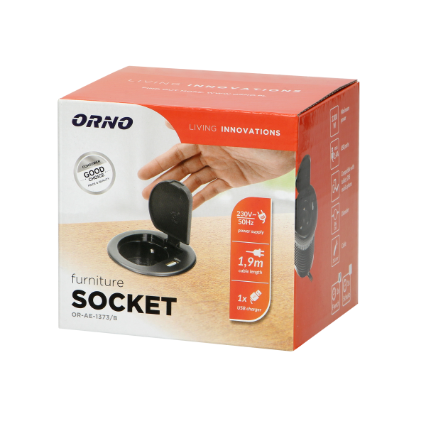 Flush-fitting furniture socket with USB charger and 1.8m cable, black