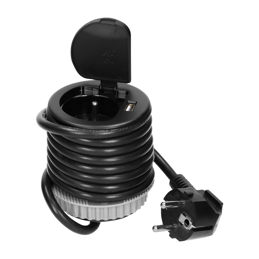 Gniazdo meblowe Ø6cm wpuszczane w blat z pokrywką, ładowarką USB i przewodem 1,8m, 1x2P+Z, 1xUSB, czarne