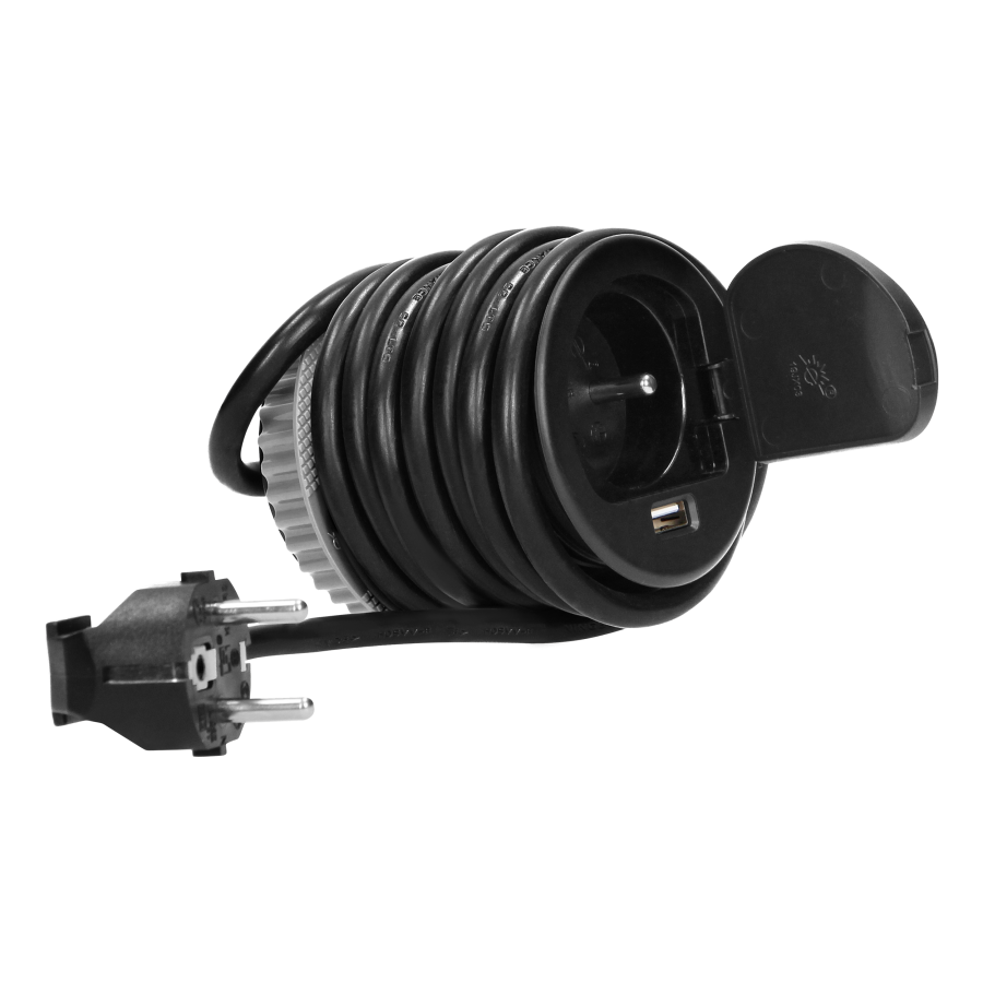 Flush-fitting furniture socket with USB charger and 1.8m cable, black