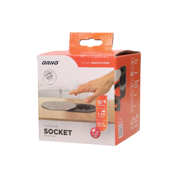 Flush-fitting furniture socket with sliding cover, USB charger and 1.9m cable