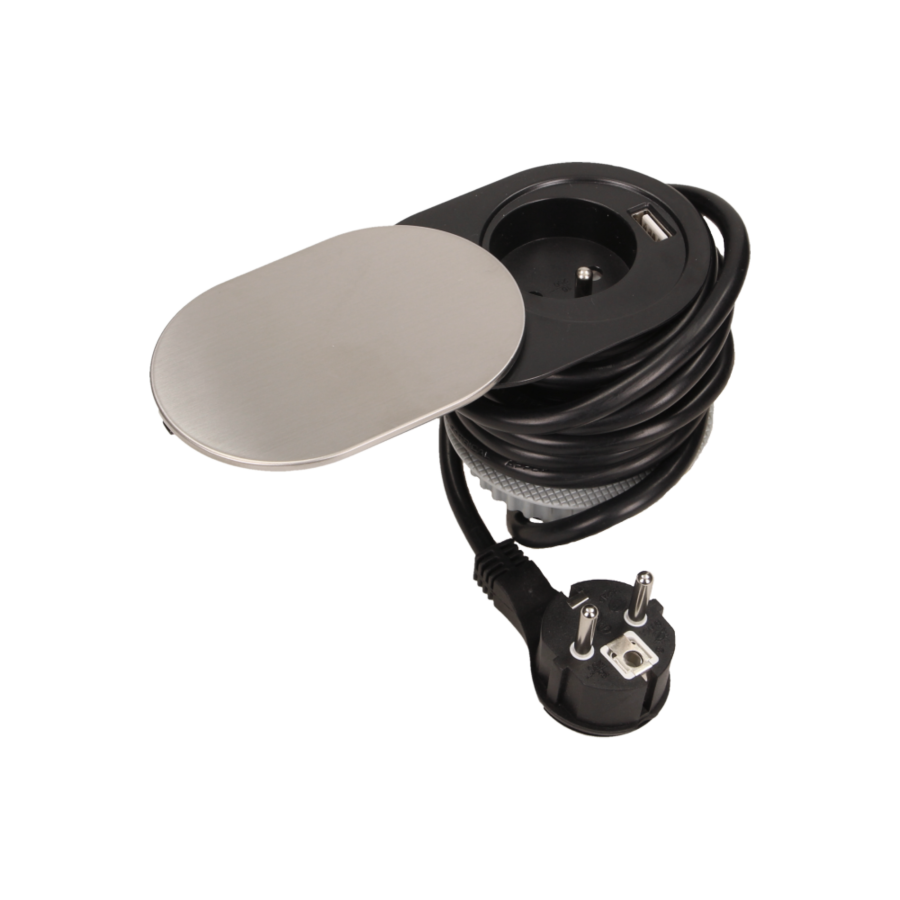 Flush-fitting furniture socket with sliding cover, USB charger and 1.9m cable