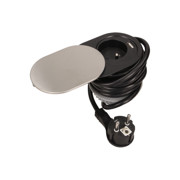 Flush-fitting furniture socket with sliding cover, USB charger and 1.9m cable