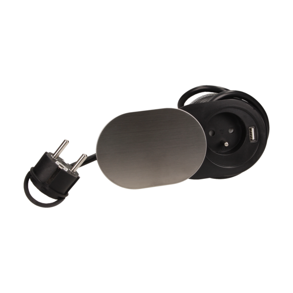 Flush-fitting furniture socket with sliding cover, USB charger and 1.9m cable
