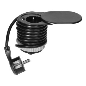 Flush-fitting furniture socket with sliding cover, USB charger and 1.9m cable, black