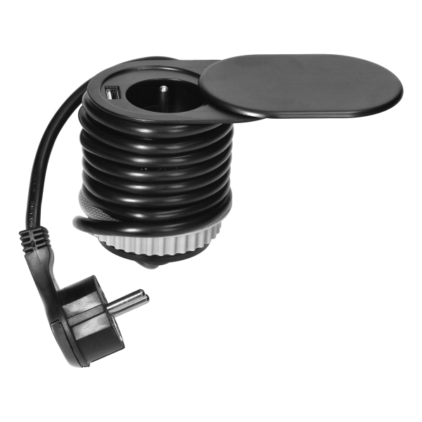Gniazdo meblowe Ø6cm, wpuszczane w blat z przesuwną pokrywką, ładowarką USB i przewodem 1,9m, 1x2P+Z, 1xUSB (2,4A), 3x1mm², czarne