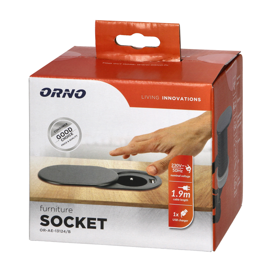 Gniazdo meblowe Ø6cm, wpuszczane w blat z przesuwną pokrywką, ładowarką USB i przewodem 1,9m, 1x2P+Z, 1xUSB (2,4A), 3x1mm², czarne