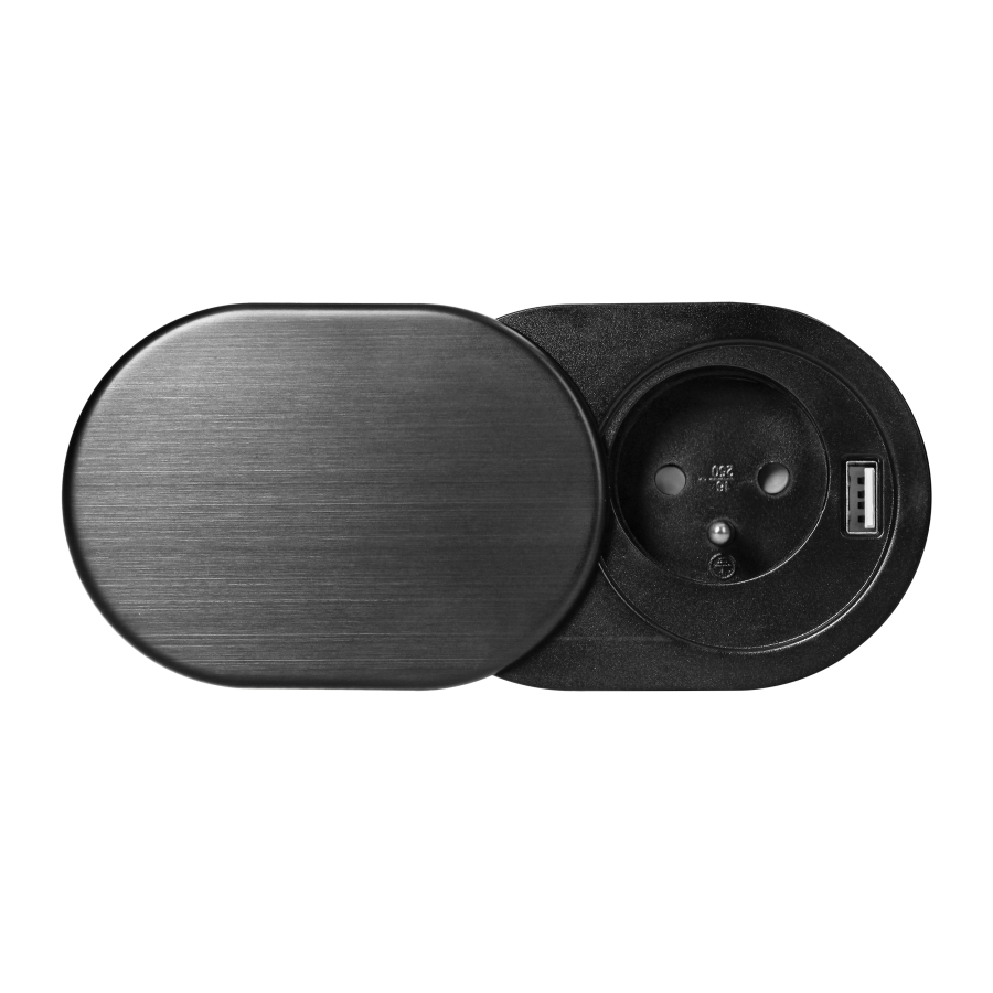 Flush-fitting furniture socket with sliding cover, USB charger and 1.9m cable, black