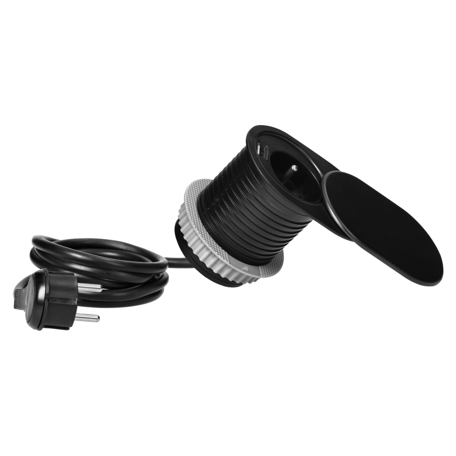 Gniazdo meblowe Ø6cm, wpuszczane w blat z przesuwną pokrywką, ładowarką USB i przewodem 1,9m, 1x2P+Z, 1xUSB (2,4A), 3x1mm², czarne