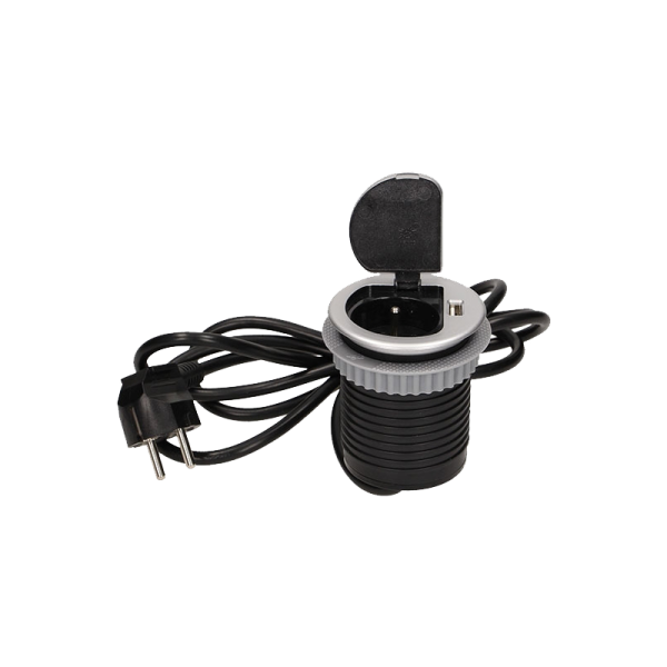 Flush-fitting furniture socket with USB charger and 1.8m cable, schuko