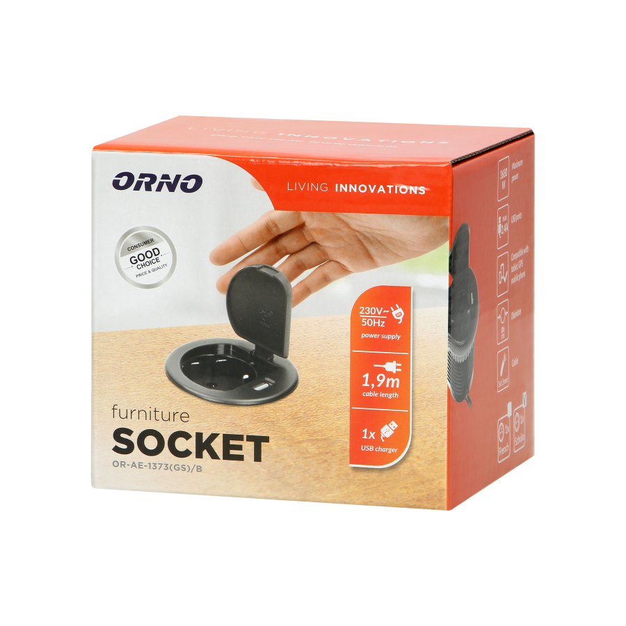 Flush-fitting furniture socket with USB charger and 1.8m cable, schuko