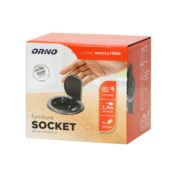 Gniazdo meblowe Ø6cm wpuszczane w blat z pokrywką, ładowarką USB i przewodem 1,8m, 1x2P+Z, 1xUSB, czarne, wersja Schuko