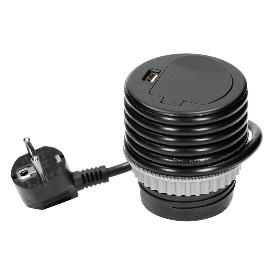Flush-fitting furniture socket with USB charger and 1.8m cable, schuko