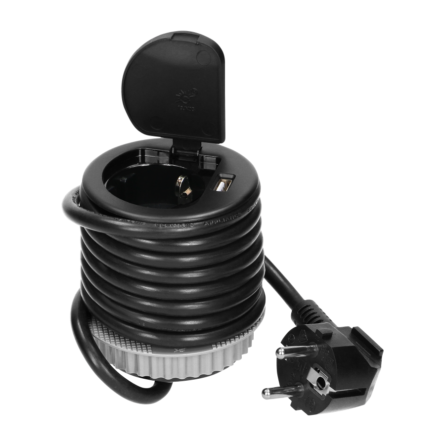 Flush-fitting furniture socket with USB charger and 1.8m cable, schuko