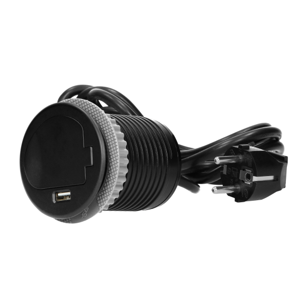 Flush-fitting furniture socket with USB charger and 1.8m cable, schuko