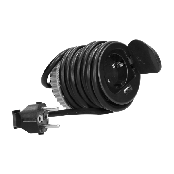 Gniazdo meblowe Ø6cm wpuszczane w blat z pokrywką, ładowarką USB i przewodem 1,8m, 1x2P+Z, 1xUSB, czarne, wersja Schuko