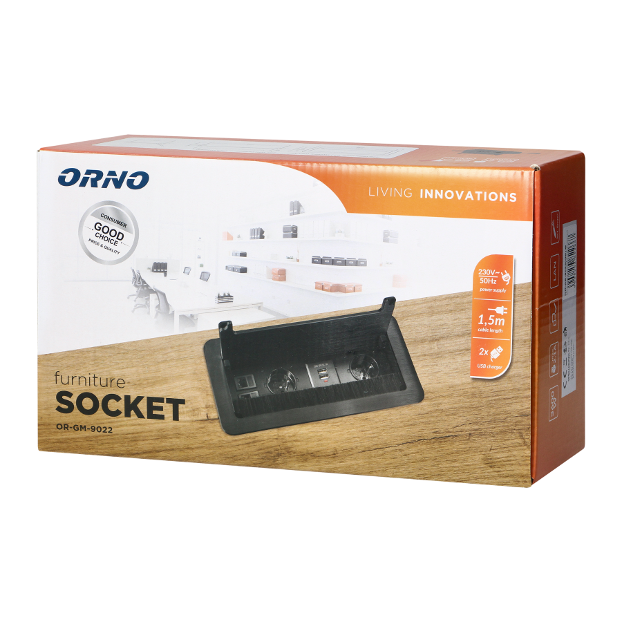 Gniazdo meblowe wpuszczane w blat z płaskim frezowanym rantem, szczotką przeciwkurzową, ładowarką USB i przewodem 1,5m, 2x2P+Z, 2xUSB, 2xNET, czarne