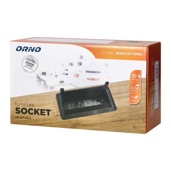 Gniazdo meblowe wpuszczane w blat z płaskim frezowanym rantem, szczotką przeciwkurzową, ładowarką USB i przewodem 1,5m, 2x2P+Z, 2xUSB, 2xNET, czarne