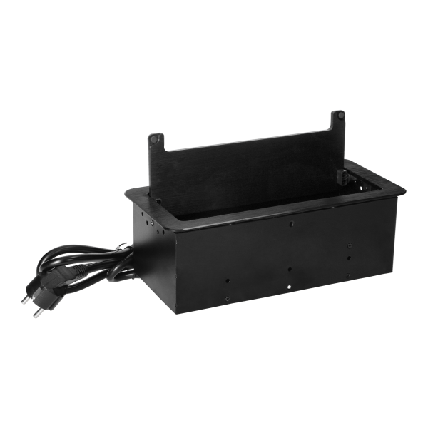 Gniazdo meblowe wpuszczane w blat z płaskim frezowanym rantem, szczotką przeciwkurzową, ładowarką USB i przewodem 1,5m, 2x2P+Z, 2xUSB, 2xNET, czarne