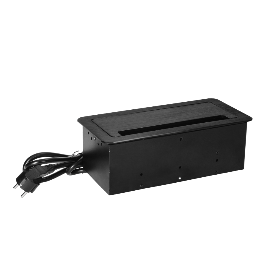 Flush-mounted furniture socket with flat milled edge, anti-dust brush, USB charger and 1.5m cable, 2x2P+E, 2xUSB, 2xNET, black