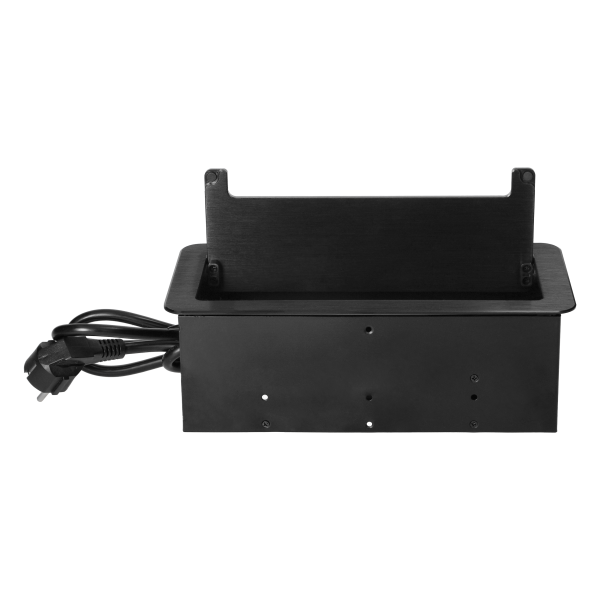 Flush-mounted furniture socket with flat milled edge, anti-dust brush, USB charger and 1.5m cable, 2x2P+E, 2xUSB, 2xNET, black