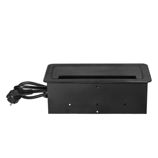 Gniazdo meblowe wpuszczane w blat z płaskim frezowanym rantem, szczotką przeciwkurzową, ładowarką USB i przewodem 1,5m, 2x2P+Z, 2xUSB, 2xNET, czarne