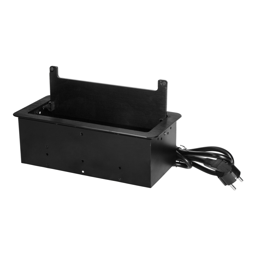 Gniazdo meblowe wpuszczane w blat z płaskim frezowanym rantem, szczotką przeciwkurzową, ładowarką USB i przewodem 1,5m, 2x2P+Z, 2xUSB, 2xNET, czarne