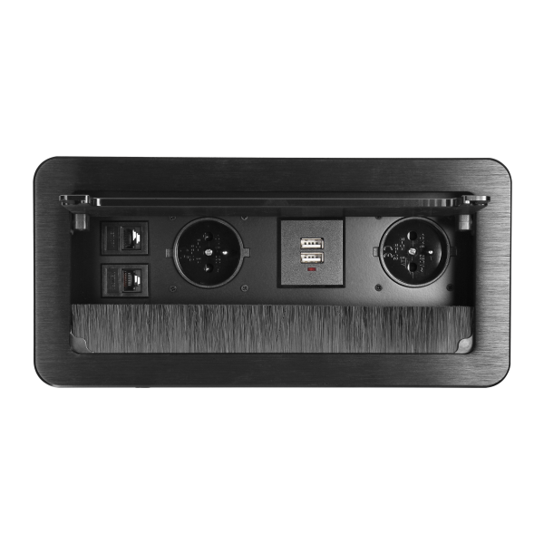 Gniazdo meblowe wpuszczane w blat z płaskim frezowanym rantem, szczotką przeciwkurzową, ładowarką USB i przewodem 1,5m, 2x2P+Z, 2xUSB, 2xNET, czarne