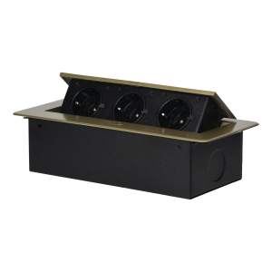 Recessed furniture sockets in housing with flat edge, 3x2P+E (Schuko), brass color, no cable included