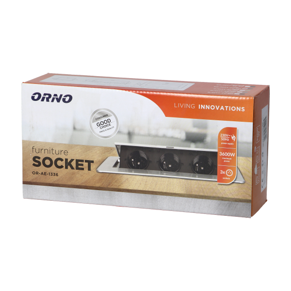 Gniazdo meblowe wpuszczane w blat z płaskim rantem, 3 gniazdami 2P+Z (Schuko), w kolorze mosiądzu, bez przewodu