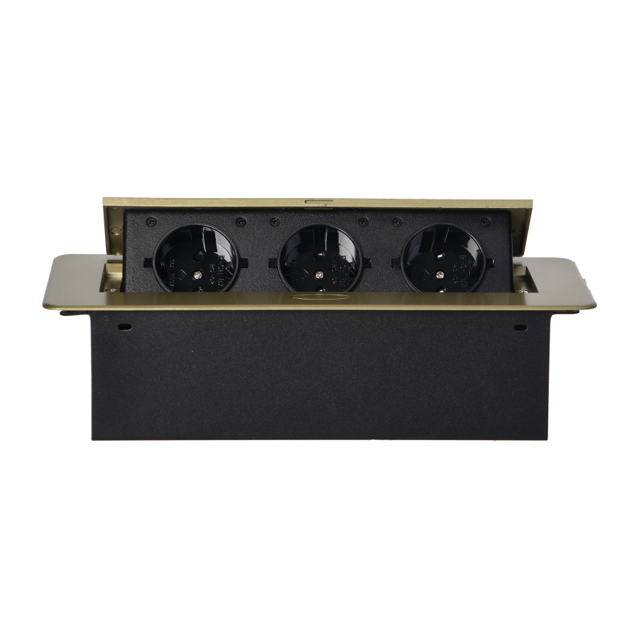 Gniazdo meblowe wpuszczane w blat z płaskim rantem, 3 gniazdami 2P+Z (Schuko), w kolorze mosiądzu, bez przewodu