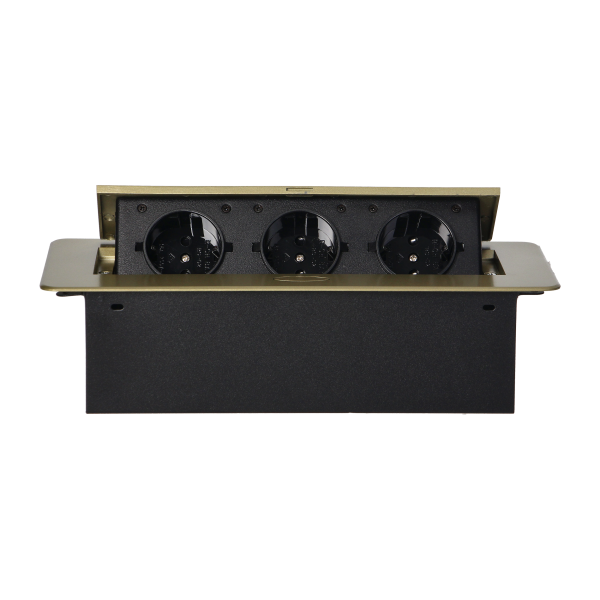Gniazdo meblowe wpuszczane w blat z płaskim rantem, 3 gniazdami 2P+Z (Schuko), w kolorze mosiądzu, bez przewodu