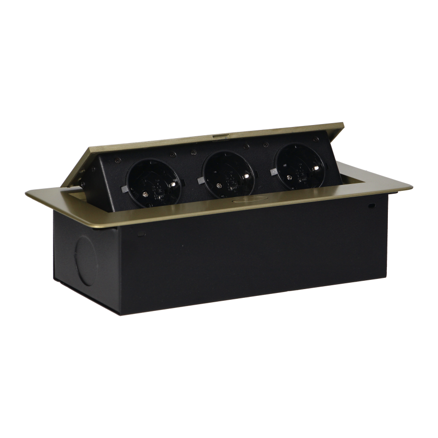 Recessed furniture sockets in housing with flat edge, 3x2P+E (Schuko), brass color, no cable included