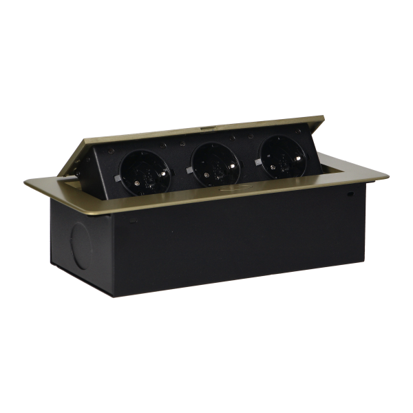 Recessed furniture sockets in housing with flat edge, 3x2P+E (Schuko), brass color, no cable included