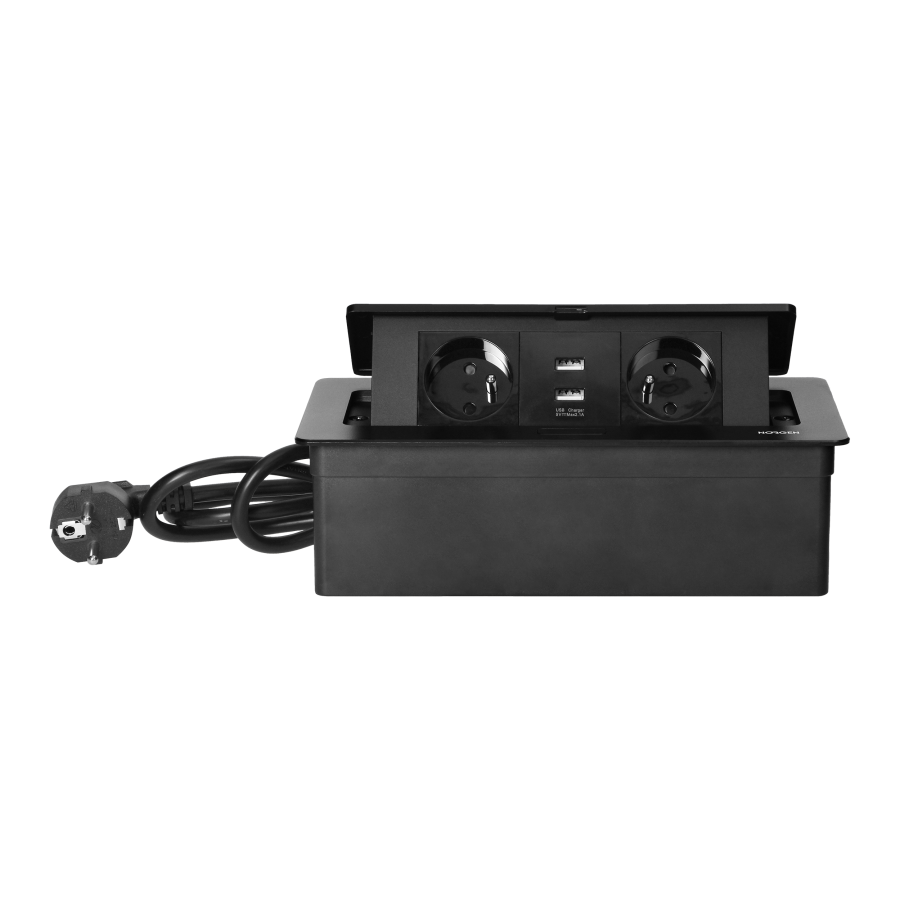 Set of furniture sockets REDE, 2x2P+E, 2xUSB with 1.5m cable, black