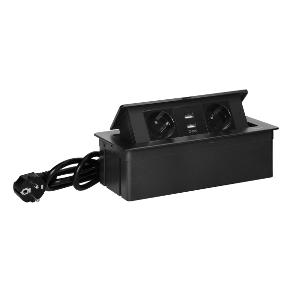 Set of furniture sockets REDE, 2x2P+E, 2xUSB with 1.5m cable, black