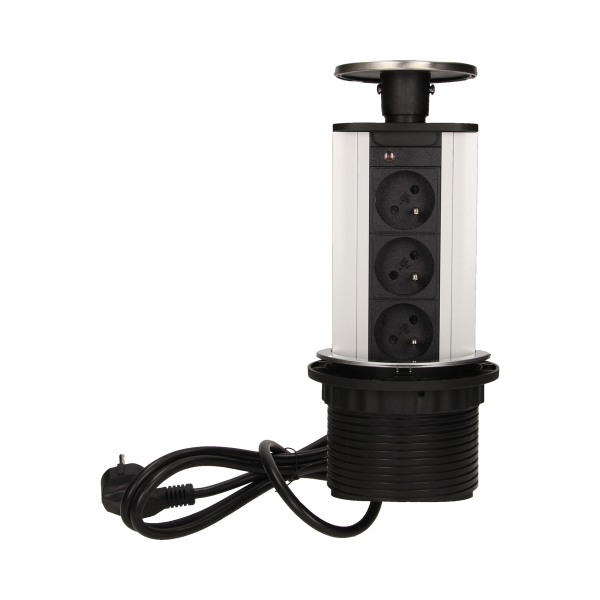 Gniazdo meblowe Ø10cm wysuwane z blatu z przewodem 1,8m, 3x2P+Z, INOX